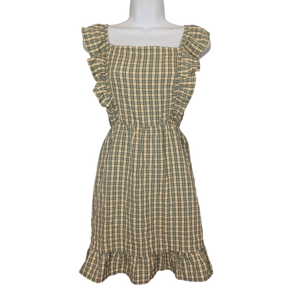 WILD FABLE Dress Plaid Ruffle Summer Yellow Tan Green Print Mini Medium